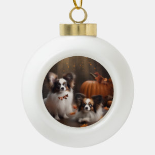 Papillon Puppy Herfst Delight Pompoen Keramische Bal Ornament