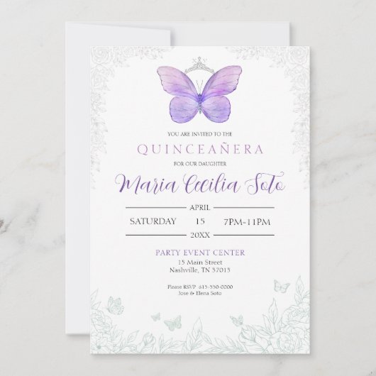 Papillon Quinceañera Invitation d'anniversaire (Devant)
