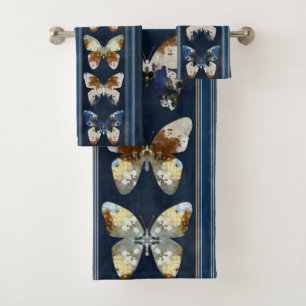 Papillon, rayures verticales, bleu marine, beige