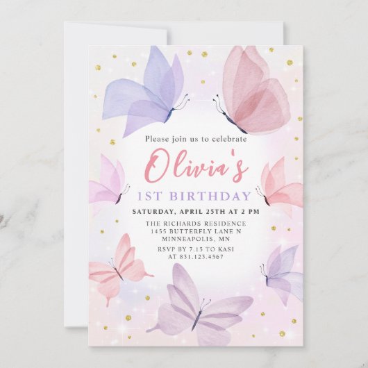 Papillon rose 1er anniversaire Invitation (Devant)