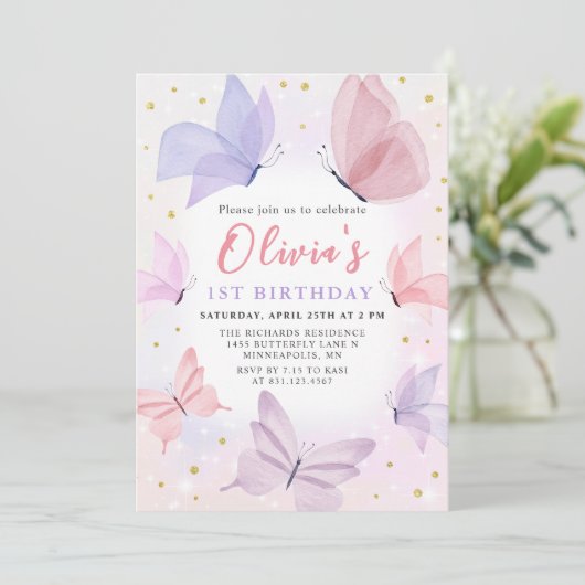 Papillon rose 1er anniversaire Invitation (Debout devant)