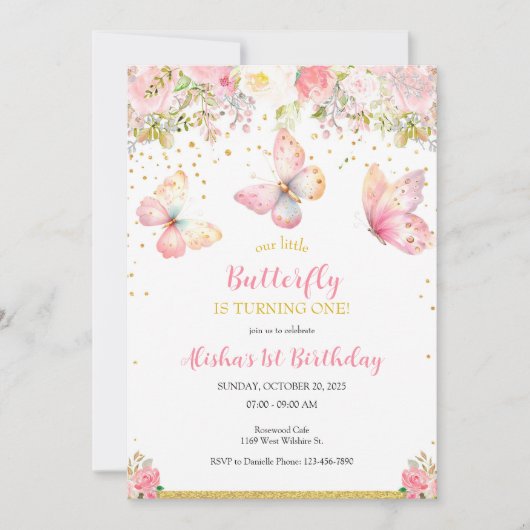 Papillon rose 1er anniversaire Invitation (Devant)