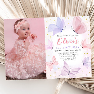 Papillon rose 1er anniversaire Invitation photo