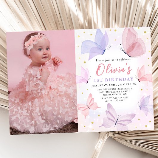 Papillon rose 1er anniversaire Invitation photo