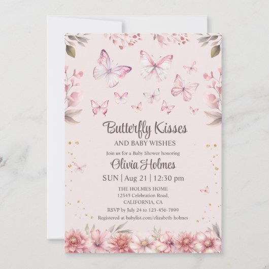 Papillon rose Baisers Bébé Fille Douche Invitation (Devant)