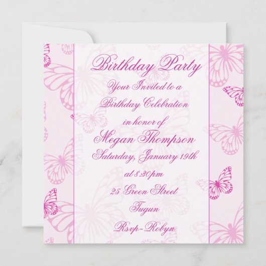 Papillon rose doux Invitation d'anniversaire (Dos)