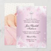 Papillon rose et photo croisée Invitation Baptême (Devant / Derrière)