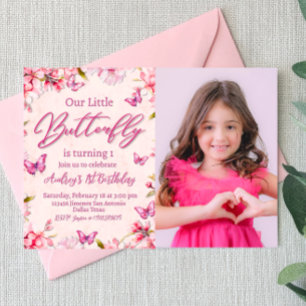 Papillon rose Floral Girl Invitation Anniversaire