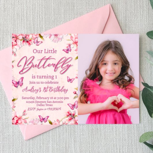 Papillon rose Floral Girl Invitation Anniversaire