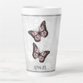 Papillon rose Floral Latte Mug personnalisé (Devant)