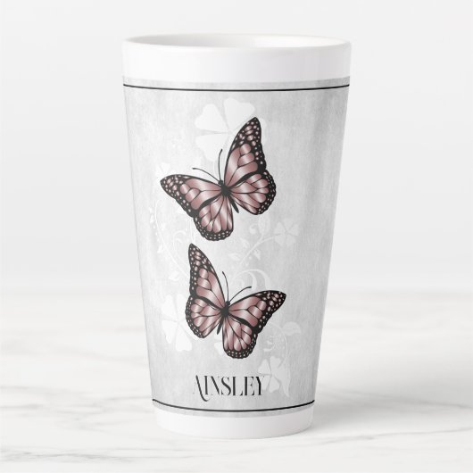 Papillon rose Floral Latte Mug personnalisé (Devant)