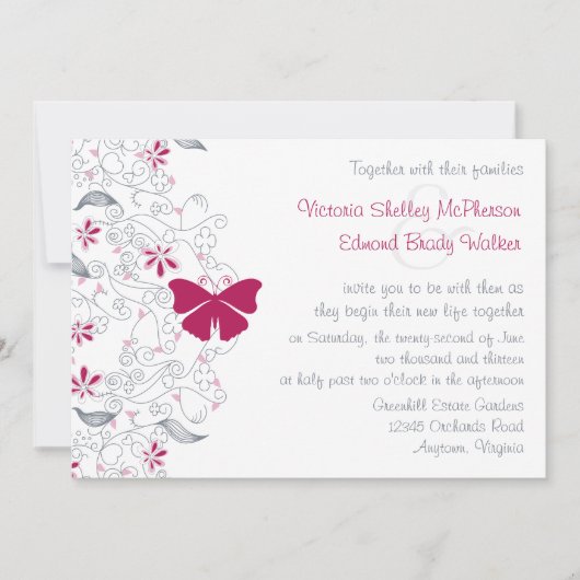Papillon rose foncé Whimsy Faire-part de mariage (Devant)