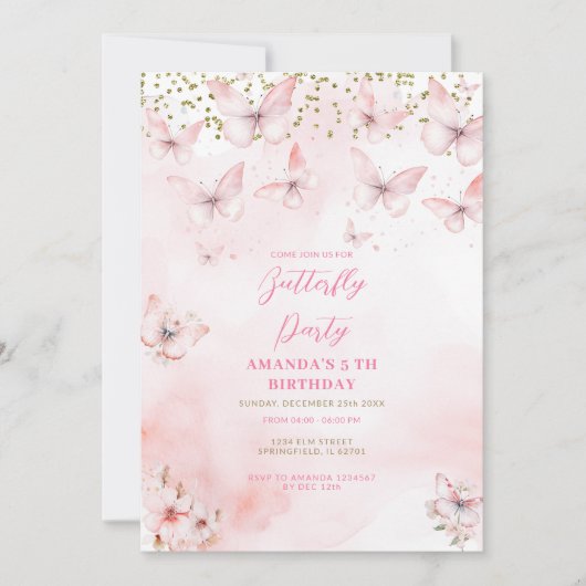 Papillon rose Invitation d'anniversaire fille (Devant)