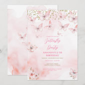 Papillon rose Invitation d'anniversaire fille (Devant / Derrière)