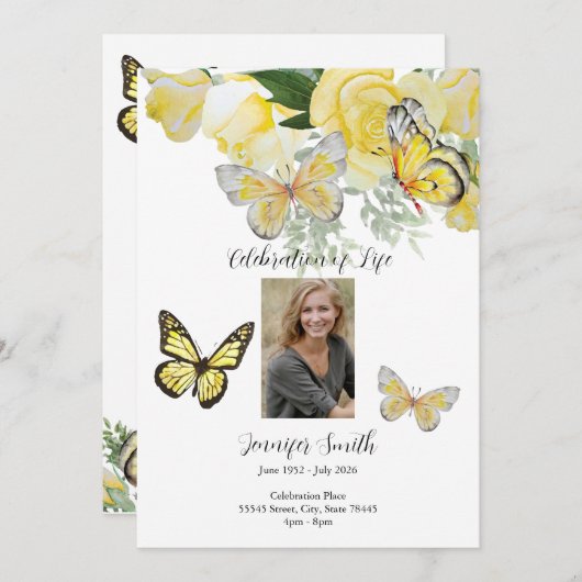 Papillon rose jaune Invitation funéraire Faire-par (Devant / Derrière)