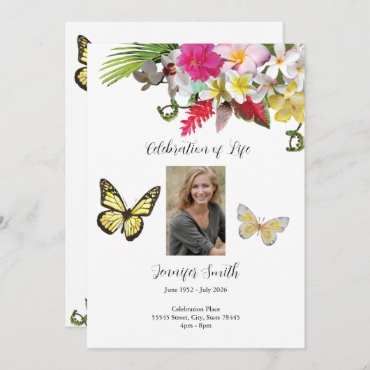 Papillon rose jaune Invitation funéraire Faire-par (Devant / Derrière)