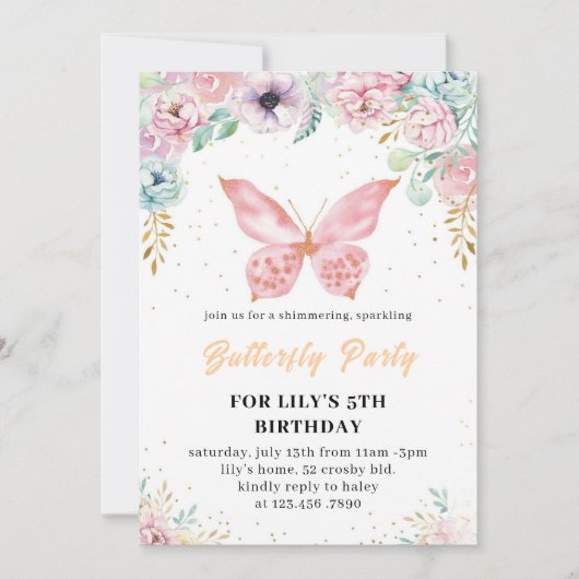 Papillon rose parties scintillant invitation Anniv (Devant)