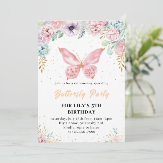 Papillon rose parties scintillant invitation Anniv (Debout devant)