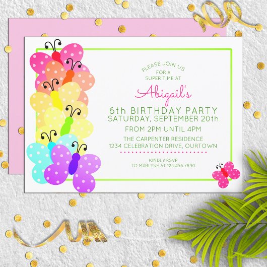 Papillon rose Polkadot Invitation d'anniversaire