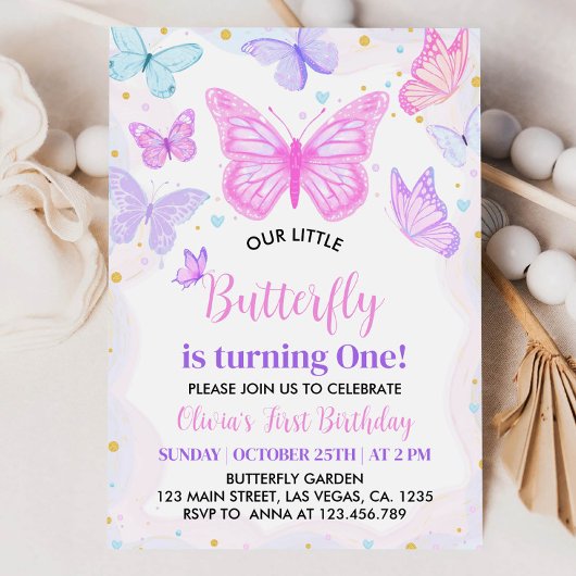 Papillon rose première invitation anniversaire