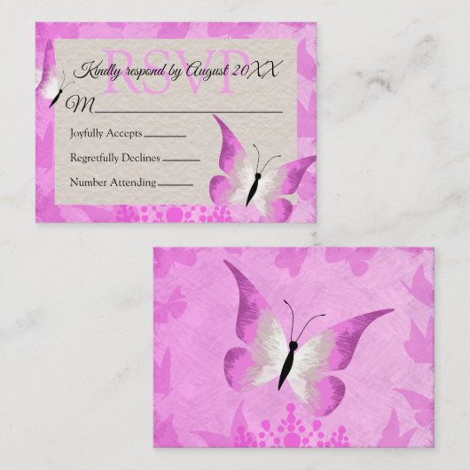 Papillon rose Quinceañera carte RSVP (Devant / Derrière)