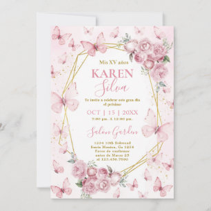 Papillon rose Quinceañera Invitation