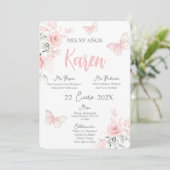 Papillon rose Quinceañera Invitation espagnole (Debout devant)