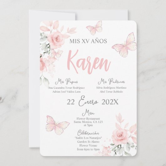 Papillon rose Quinceañera Invitation espagnole (Devant)