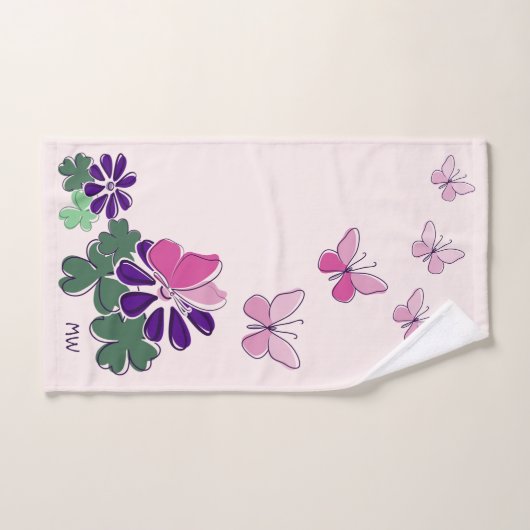 Papillon rose vert violet à fleurs Doodle Initiale (Serviette à main)