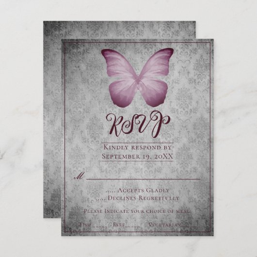 Papillon rose Vintage Mariage damassé RSVP (Devant / Derrière)