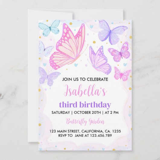 Papillon rose violet Invitation d'anniversaire (Devant)