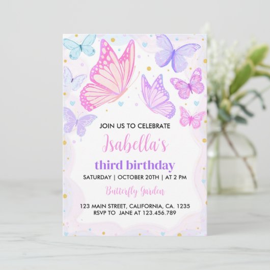 Papillon rose violet Invitation d'anniversaire (Debout devant)
