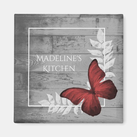 Papillon rouge, aimant rustique (Devant)