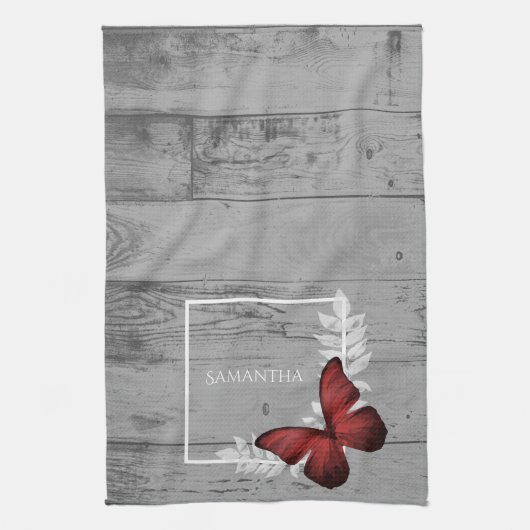 Papillon rouge serviette de cuisine rustique (Vertical)