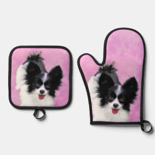 Papillon Schilderij Zwart en Wit Originele Honden  Ovenwant & Pannenlap Set