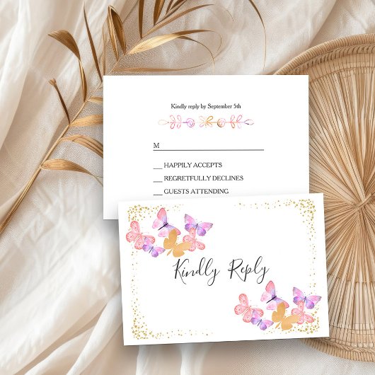 Papillon Ski Coral Rose Gold Confetti Carte RSVP