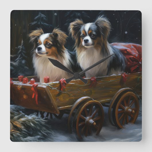 Papillon Sneeuwslee Kerstdecoratie Vierkante Klok (Voorkant)