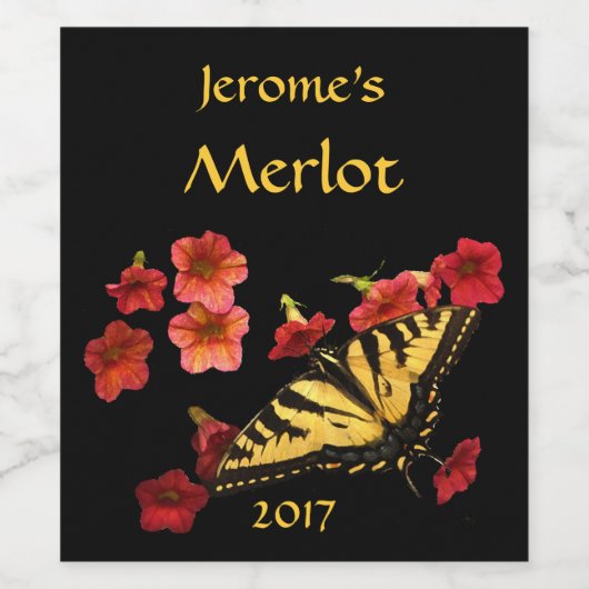 Papillon Swallowtail sur Fleurs rouges Étiquette d (Étiquettes simples)