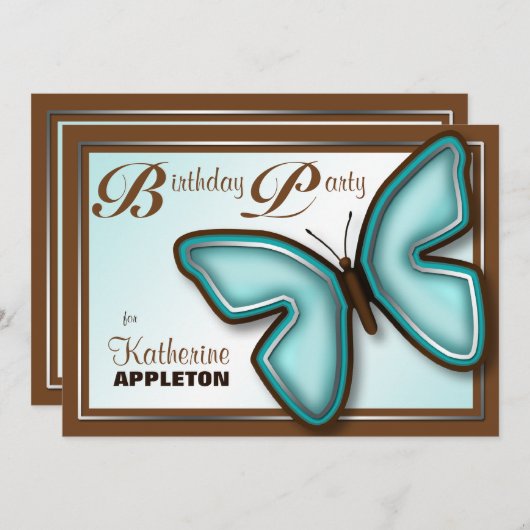 Papillon Turquoise Brown Invitations de fête d'ann (Devant / Derrière)