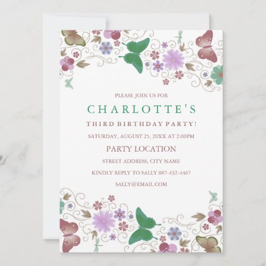 Papillon Vert Joli | Invitation d'anniversaire (Devant)