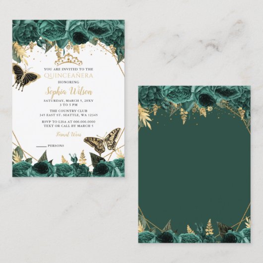 Papillon vert Quinceañera Mini Invitation (Devant / Derrière)