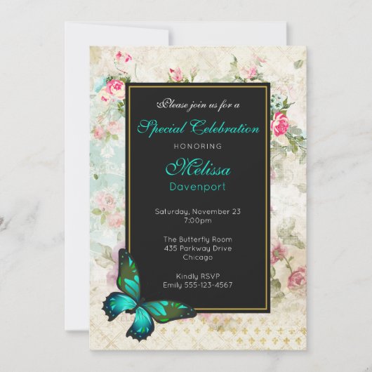 Papillon vert sur rose Roses Collage Invitation d' (Devant)