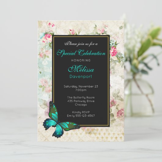 Papillon vert sur rose Roses Collage Invitation d' (Debout devant)