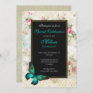 Papillon vert sur rose Roses Collage Invitation d'