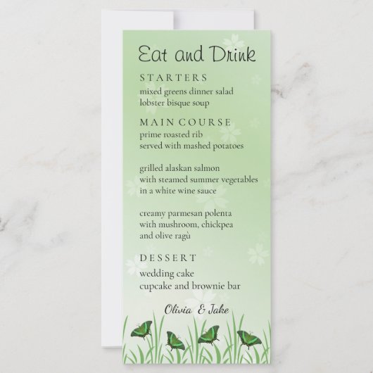 Papillon vert sur vert clair - carte menu (Devant)