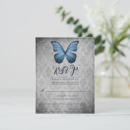 Papillon Vintage bleu Mariage damassé RSVP (Debout devant)
