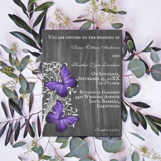 Papillon violet rustique Faire-part de mariage