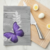 Papillon violet serviette de cuisine rustique (Quart Plié)