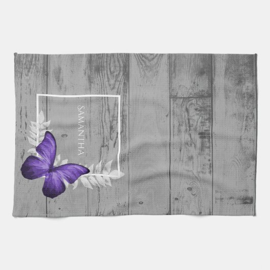 Papillon violet serviette de cuisine rustique (Horizontal)