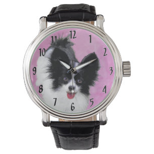 Papillon (wit en zwart) schilderen - Dog Art Horloge